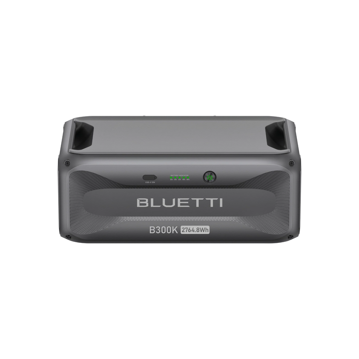Front view of the Bluetti B300K portable power station in gray, featuring a modular design, Bluetti branding, and battery capacity lights—an innovative energy solution for diverse power needs.