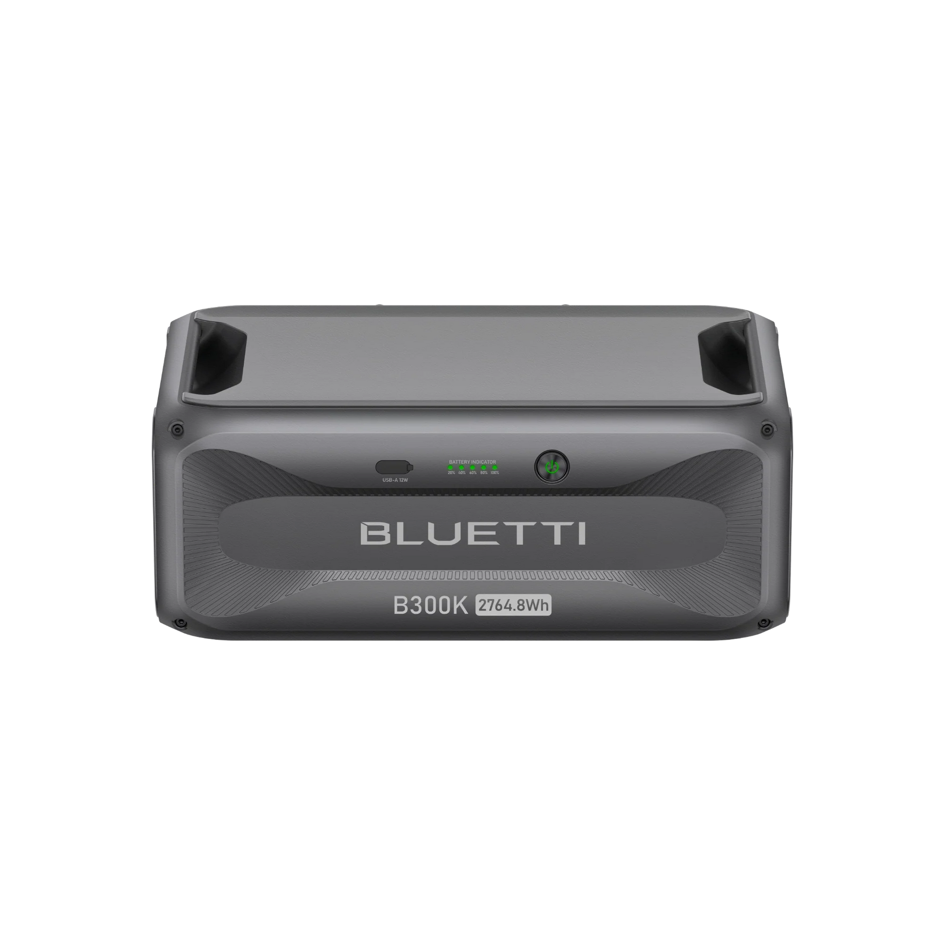 Front view of the Bluetti B300K portable power station in gray, featuring a modular design, Bluetti branding, and battery capacity lights—an innovative energy solution for diverse power needs.