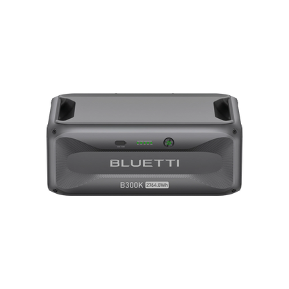 Front view of the Bluetti B300K portable power station in gray, featuring a modular design, Bluetti branding, and battery capacity lights—an innovative energy solution for diverse power needs.