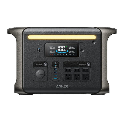 The Anker SOLIX F1500 is a black portable power station by Anker featuring a digital display, USB ports, four AC outlets, multiple buttons, and an ultra-fast recharging yellow LED light strip above the controls.