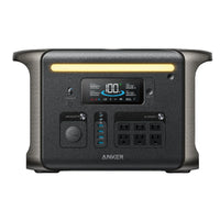 The Anker portable power station has a digital display, 4 AC outlets, 4 USB ports, a car socket, and a front yellow light bar—perfect for reliable battery backup and portable power on the go.
