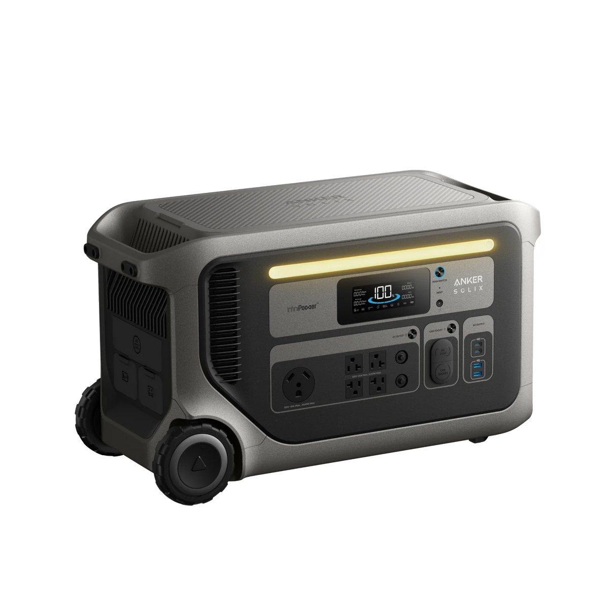 An Anker portable power station with a LiFePO₄ battery, digital display, various outlets, ventilation grilles, wheels, and a carrying handle is displayed against a white background.