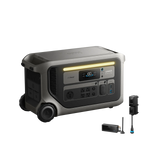 The Anker SOLIX F3000 is a portable power station with a digital display, multiple outlets, wheels for transport, and several detachable accessories beside it—ideal for off-grid uses.
