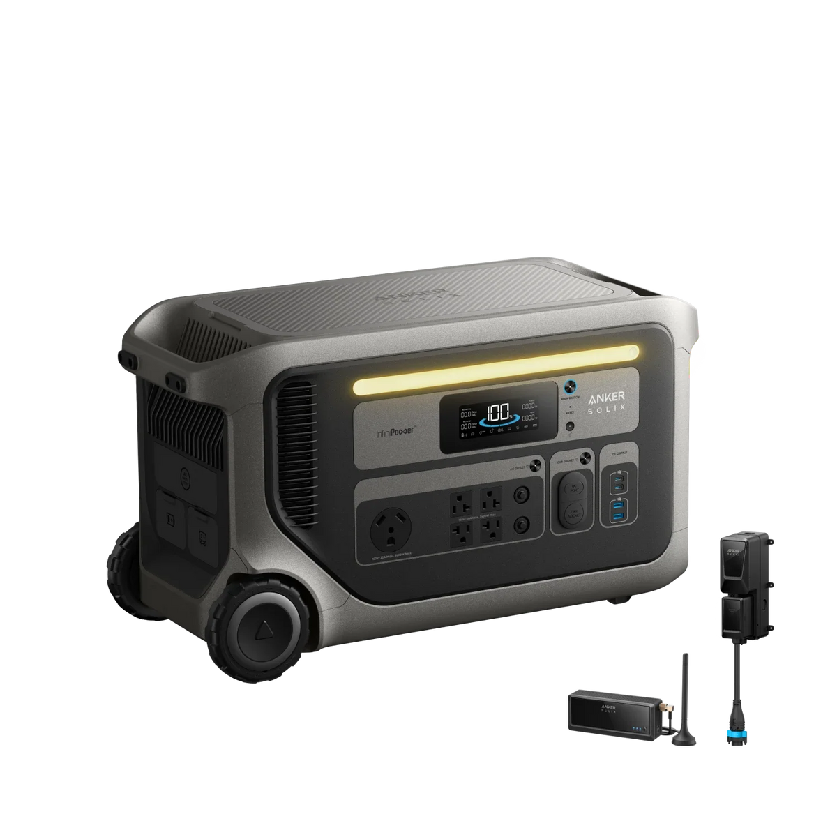 The Anker SOLIX F3000 is a portable power station with a digital display, multiple outlets, wheels for transport, and several detachable accessories beside it—ideal for off-grid uses.