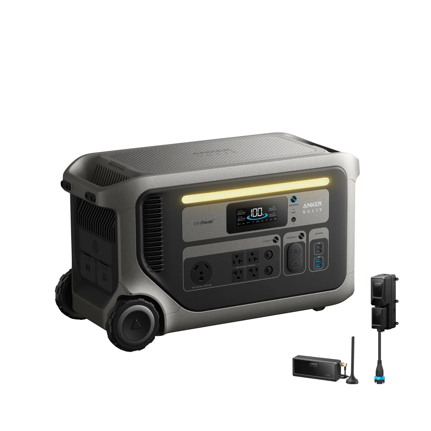 The Anker SOLIX F3000 is a portable power station with a digital display, multiple outlets, wheels for transport, and several detachable accessories beside it—ideal for off-grid uses.