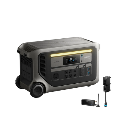 The Anker SOLIX F3000 is a portable power station with a digital display, multiple outlets, wheels for transport, and several detachable accessories beside it—ideal for off-grid uses.