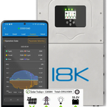 A Sol-Ark residential inverter is shown behind a smartphone displaying live energy data, with green solar input and red battery backup efficiency icons highlighted at the bottom.