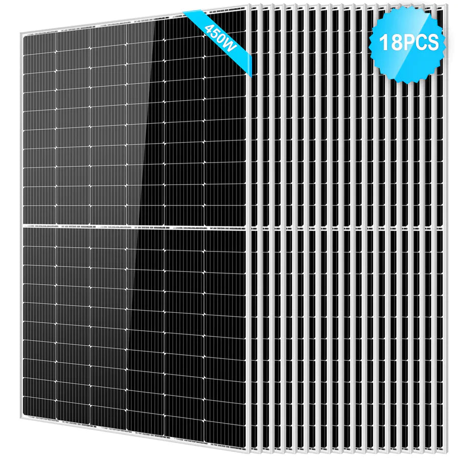 A set of 18 Sungold Power black 450W Monocrystalline PERC Solar Panels with white grid lines, each labeled 450W—perfect for off-grid systems. A blue badge at the top right displays “18PCS.”.
