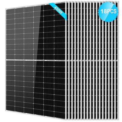 A set of 18 Sungold Power black 450W Monocrystalline PERC Solar Panels with white grid lines, each labeled 450W—perfect for off-grid systems. A blue badge at the top right displays “18PCS.”.