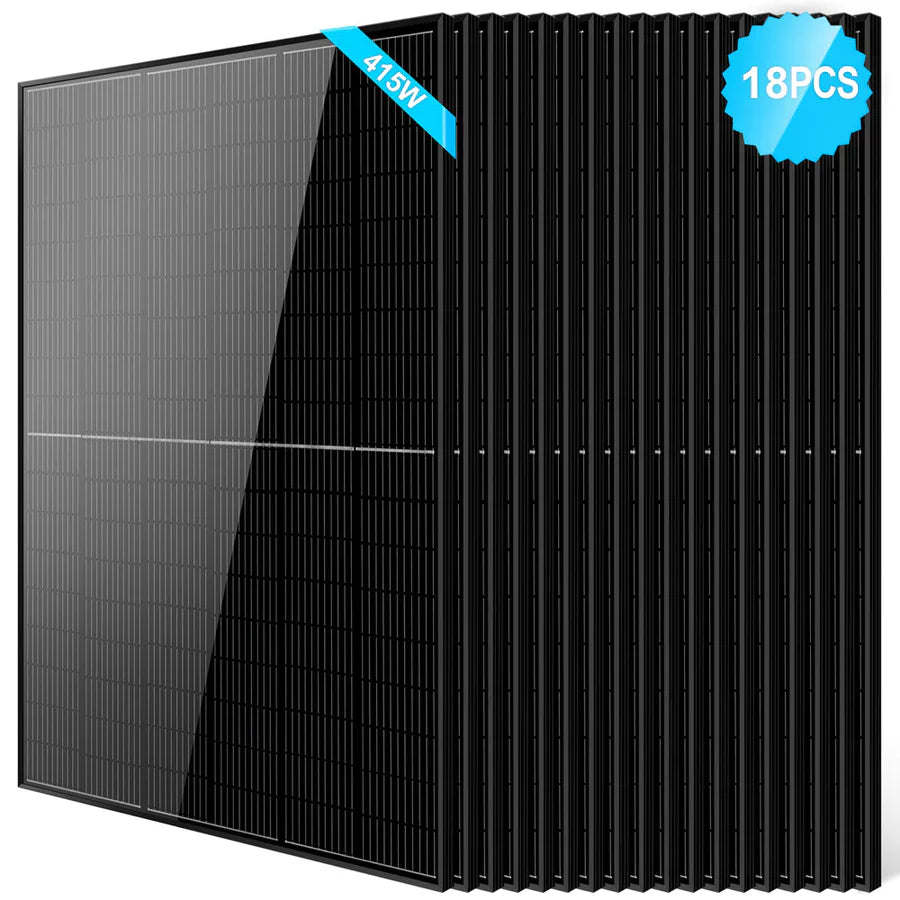 A set of 18 Sungold Power Monocrystalline PERC black solar panels, each 415W, stacked together with a blue 18PCS. badge on the top right corner. Perfect for off-grid system needs.