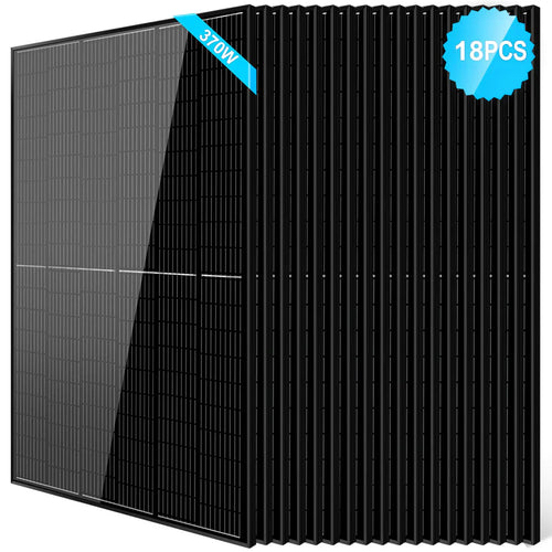 A stack of 18 Sungold Power high-efficiency PERC black solar panels, shown at an angle. A blue label reads 370W, with a blue badge in the top right showing 18PCS. Ideal for off-grid solar installations.