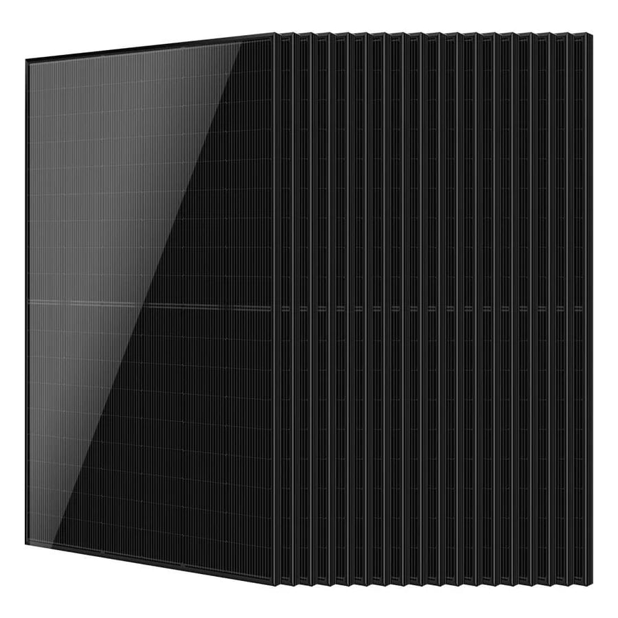 A stack of black solar panels is shown standing upright, with each panel displaying a grid of fine lines and a reflective, glossy surface. The crisp edges of each panel evoke a subtle border radius, complementing the sleek overall appearance.