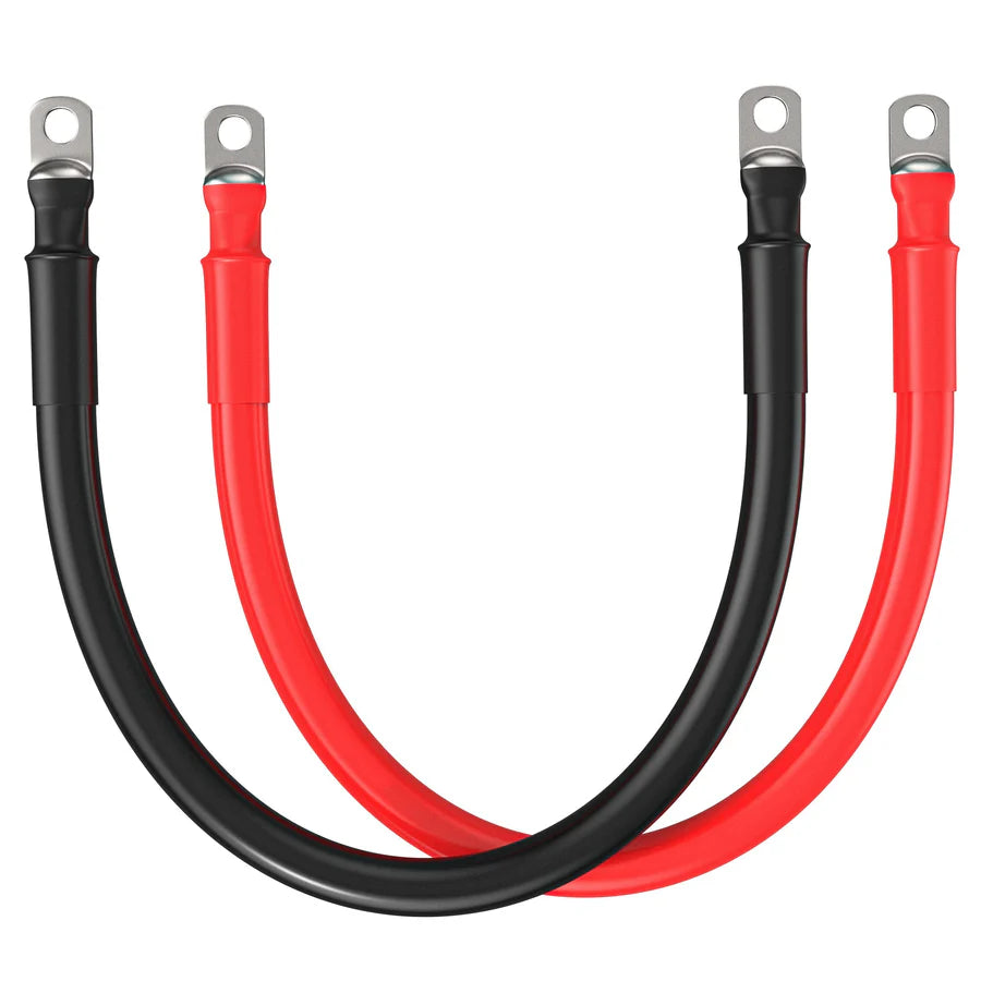 Two thick Rich Solar battery cables, one red and one black, each with metal ring terminals on both ends, are shown side by side on a white background—perfect for connecting lithium batteries in an off-grid solar kit.