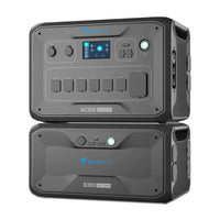 Two stacked Bluetti portable power stations—AC300 (3000W Pure Sine Wave Inverter) and B300 (3072Wh)—feature control buttons, digital display, multiple ports, and side carry handles.