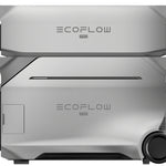A silver EcoFlow Delta Pro 3 power station with smooth edges, ventilation lines, and a large black wheel on the lower right side. The EcoFlow logo features on both units, highlighting its expandable capacity. Brand: EcoFlow.