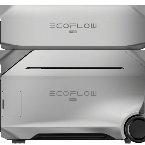 A silver EcoFlow Delta Pro 3 power station with smooth edges, ventilation lines, and a large black wheel on the lower right side. The EcoFlow logo features on both units, highlighting its expandable capacity. Brand: EcoFlow.