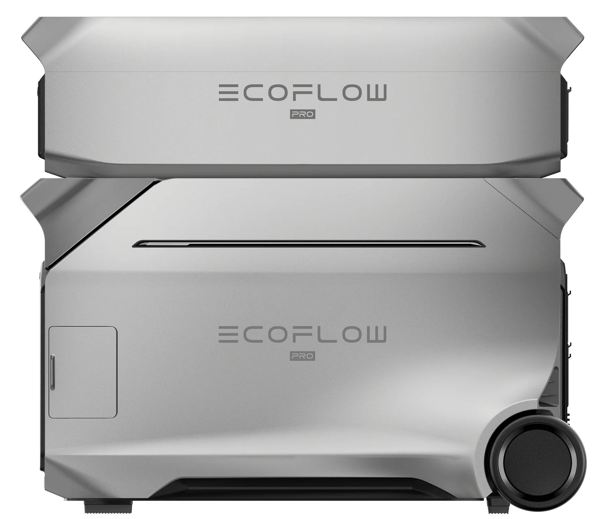 A silver EcoFlow Delta Pro 3 power station with smooth edges, ventilation lines, and a large black wheel on the lower right side. The EcoFlow logo features on both units, highlighting its expandable capacity. Brand: EcoFlow.