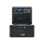 Front and back view of the Bluetti modular power station B300, featuring a digital display, multiple buttons, diverse input/output ports for flexible charging, a 3072Wh label, and compatibility with AC200MAX.