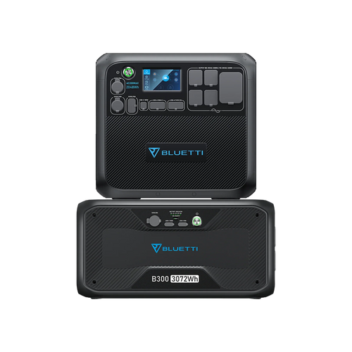 Front and back view of the Bluetti modular power station B300, featuring a digital display, multiple buttons, diverse input/output ports for flexible charging, a 3072Wh label, and compatibility with AC200MAX.