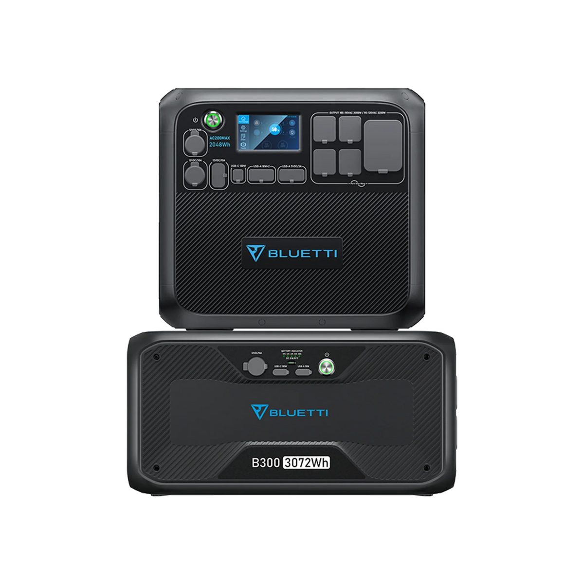 Front and back view of the Bluetti modular power station B300, featuring a digital display, multiple buttons, diverse input/output ports for flexible charging, a 3072Wh label, and compatibility with AC200MAX.