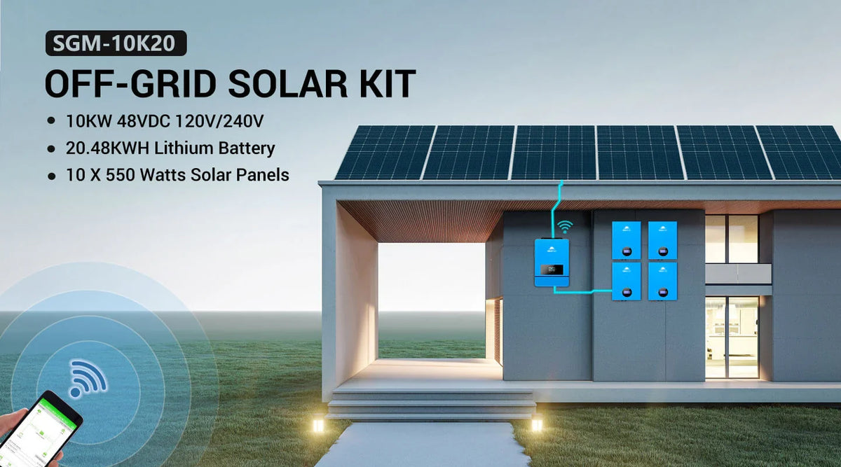 Sungold Power Off‑Grid 10,000W Solar Kit 48VDC 120V/240V Inverter | 10×550W Panels & 4×5.12kWh Powerwall LiFePO4 Battery (SGM‑10K20)