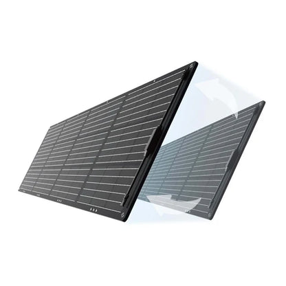 A Mango Power black rectangular solar panel with fine horizontal lines, shown with a translucent duplicate behind it and white arrows indicating rotation—ideal for use with solar generators or portable power solutions.