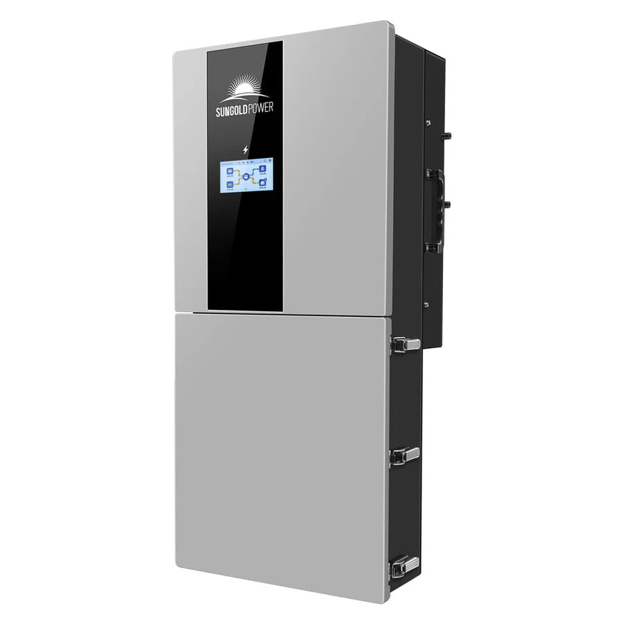A rectangular Sungoldpower 11.4KW solar inverter with a silver body, black vertical panel, and digital display screen, mounted on a wall—perfect for integrating into your off-grid hybrid solar system.
