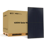 A large brown box labeled Rich Solar 400W Solar Module sits on a pallet beside an upright black rectangular solar panel featuring Mono PERC Technology—perfect for off-grid use.