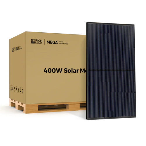 A large brown box labeled Rich Solar 400W Solar Module sits on a pallet beside an upright black rectangular solar panel featuring Mono PERC Technology—perfect for off-grid use.