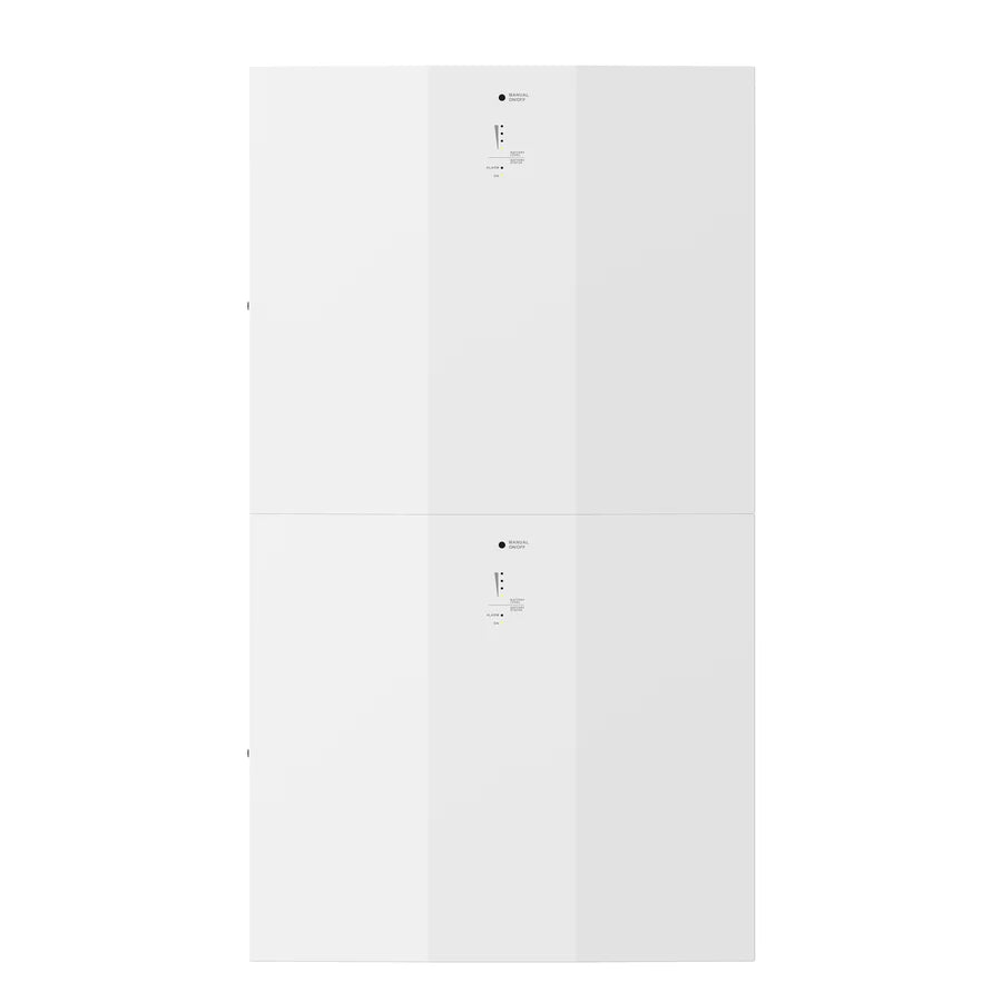 A pair of sleek, white, rectangular Rich Solar energy storage units stacked vertically against a white background, each with a central display and indicator light—ideal for integrating clean energy solutions.