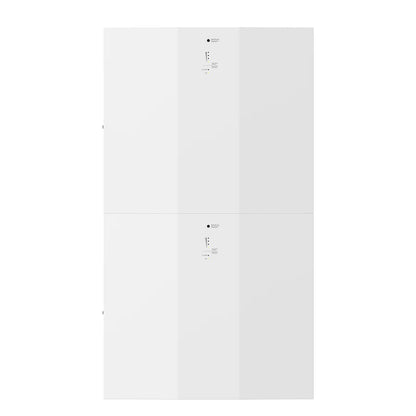 A pair of sleek, white, rectangular Rich Solar energy storage units stacked vertically against a white background, each with a central display and indicator light—ideal for integrating clean energy solutions.