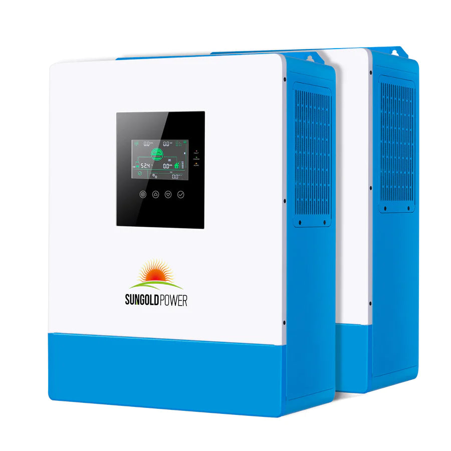 Two blue and white Sungold Power inverters appear side by side, each with a digital display, control buttons, status indicators, and the Sungold Power logo (with sun graphic) below the display. See the Specs Sheet for details.