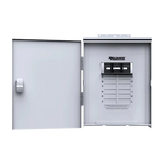 A metal electrical panel with an open door reveals labeled circuit breaker slots and switches, with an unused grid labeled A to L visible inside—ideal for integrating backup solutions like a portable power station or a solar generator such as the Bluetti AC500.