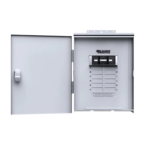A metal electrical panel with an open door reveals labeled circuit breaker slots and switches, with an unused grid labeled A to L visible inside—ideal for integrating backup solutions like a portable power station or a solar generator such as the Bluetti AC500.