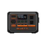 Front view of a Bluetti portable power station featuring turbo charging, two AC outlets, several USB ports, a digital display, and labeled control buttons, all set against a black background.