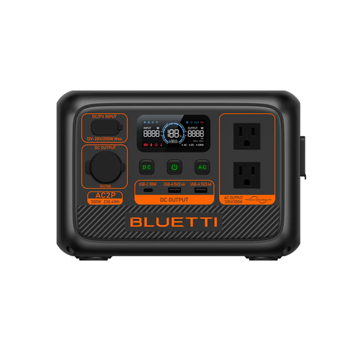 Front view of a Bluetti portable power station featuring turbo charging, two AC outlets, several USB ports, a digital display, and labeled control buttons, all set against a black background.