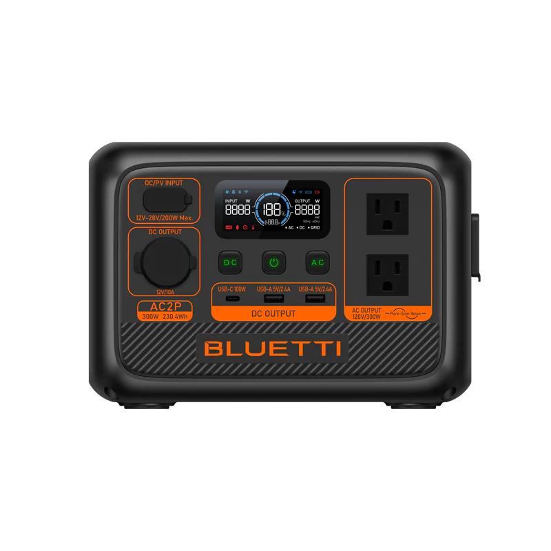 Front view of a Bluetti portable power station featuring turbo charging, two AC outlets, several USB ports, a digital display, and labeled control buttons, all set against a black background.