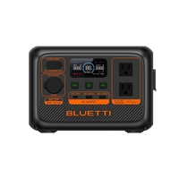 Front view of a Bluetti portable power station featuring turbo charging, two AC outlets, several USB ports, a digital display, and labeled control buttons, all set against a black background.