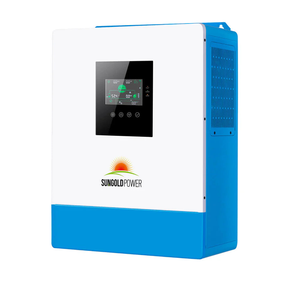 A white and blue Sungold Power inverter with a digital display and control buttons on the front, plus the Sungold Power logo below the screen. See Specs Sheet for full details.