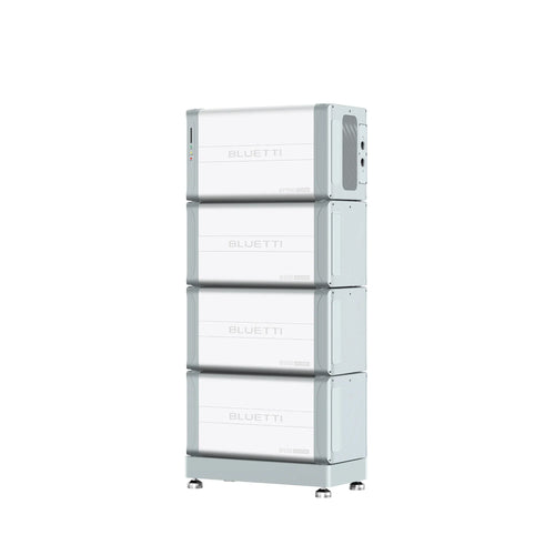 A tall, rectangular stack of four gray Bluetti EP500 Expansion battery modules with control ports on the right and adjustable feet stands against a white background—ideal for solar energy storage and energy independence.