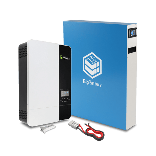 A BigBattery blue 48v Puma unit with Battery Management System, red and black power cables, and a small fuse are displayed on a plain background—ideal as an off-grid solution.