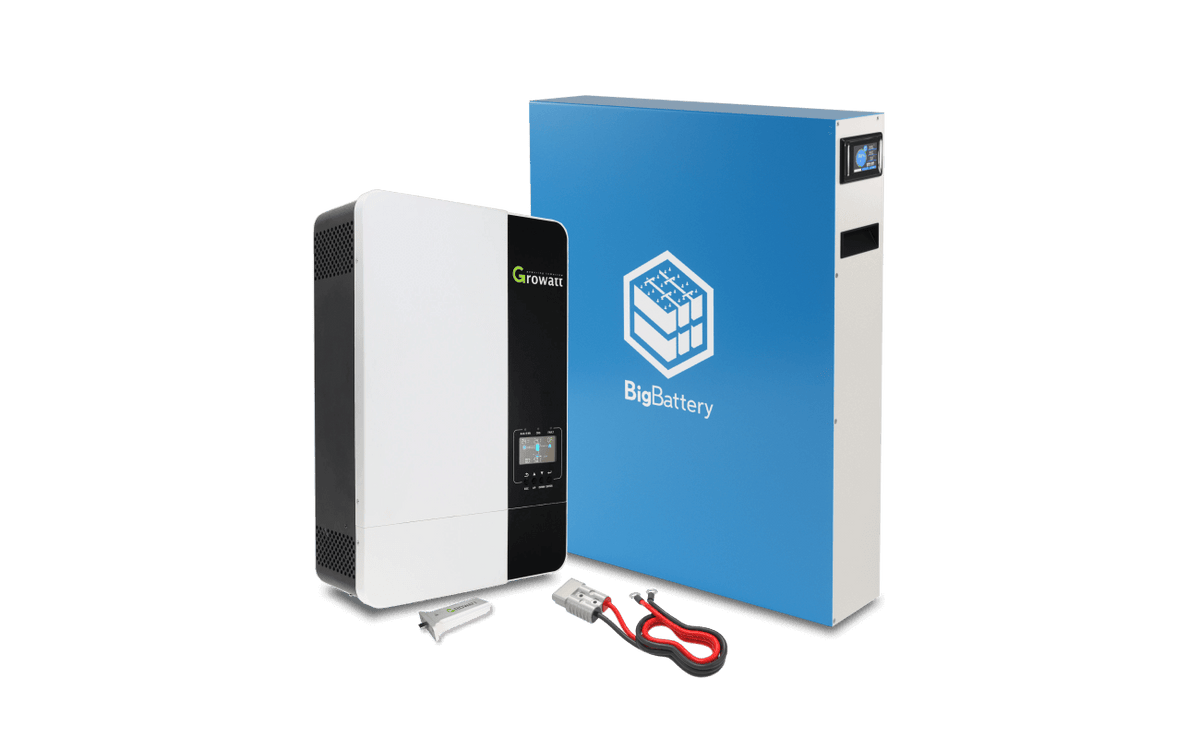 A BigBattery blue 48v Puma unit with Battery Management System, red and black power cables, and a small fuse are displayed on a plain background—ideal as an off-grid solution.