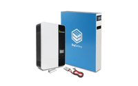 A BigBattery blue 48v Puma unit with Battery Management System, red and black power cables, and a small fuse are displayed on a plain background—ideal as an off-grid solution.