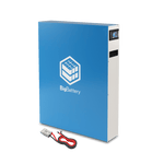 A blue rectangular 48v BigBattery unit with a digital display and logo on the front, shown with red and black cables and connector beside it—an ideal off-grid power solution.