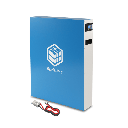 A blue rectangular 48v BigBattery unit with a digital display and logo on the front, shown with red and black cables and connector beside it—an ideal off-grid power solution.