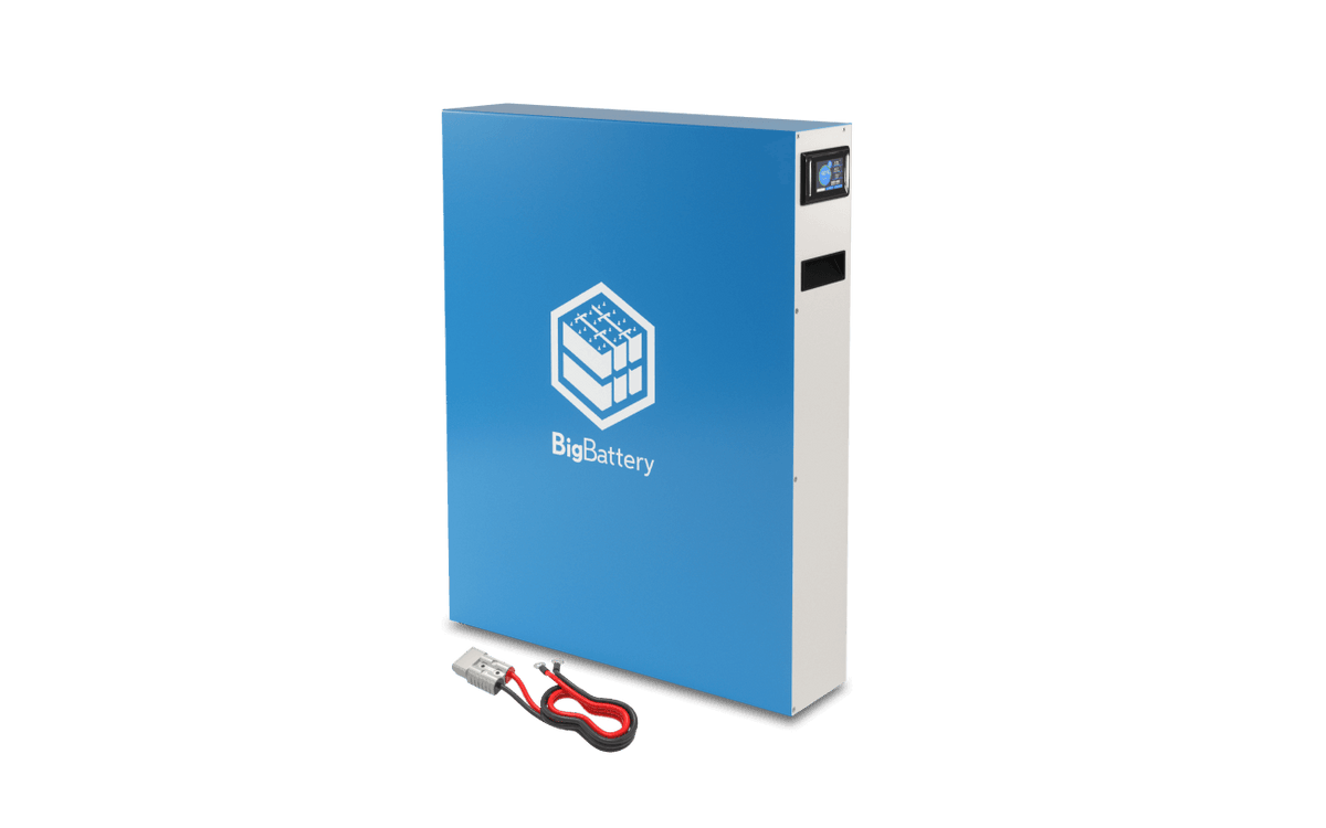 A blue rectangular 48v BigBattery unit with a digital display and logo on the front, shown with red and black cables and connector beside it—an ideal off-grid power solution.