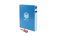 A blue rectangular 48v BigBattery unit with a digital display and logo on the front, shown with red and black cables and connector beside it—an ideal off-grid power solution.