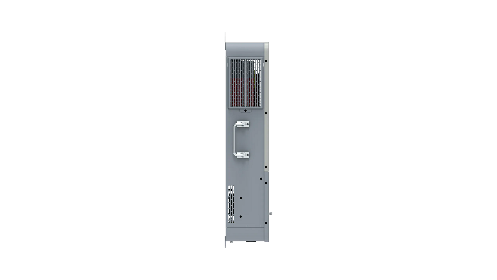 A gray, vertical server unit is shown from the side, featuring a handle, ventilation grid, and control panel with multiple buttons and ports. The background is plain white. The server’s labeling displays the BigBattery brand name in a clean, modern typeface that can be easily customized using CSS variables.