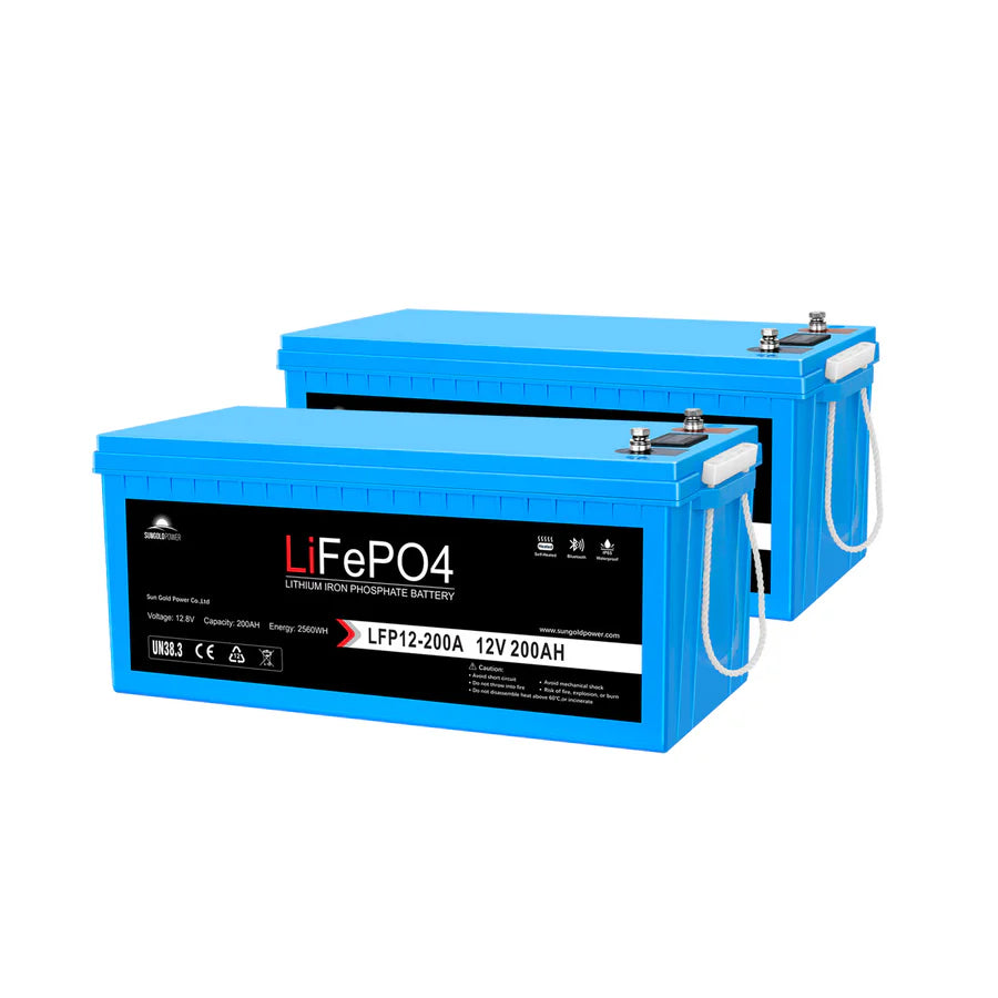 Two blue rectangular Sungold Power Lifepo4 Batteries, labeled 12V 200AH, each with white handles and black labels showing specs and branding, are stacked slightly offset—perfect for use with monocrystalline solar panels.