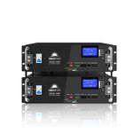 Two stacked black Sungold Power SG48 100P inverters with digital displays and ports are shown reflecting on a white surface. Blue screens read Welcome to Use Smart EMS. Ideal for lithium battery energy storage system integration.